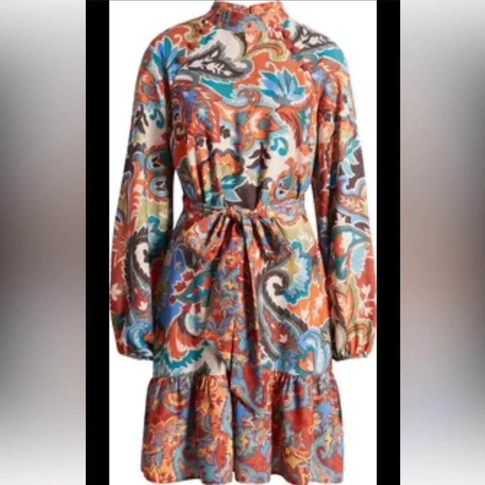 Nordstrom TAHARi  floral print dress button detail tie waist ruffle mock neck 10 - Picture 2 of 4